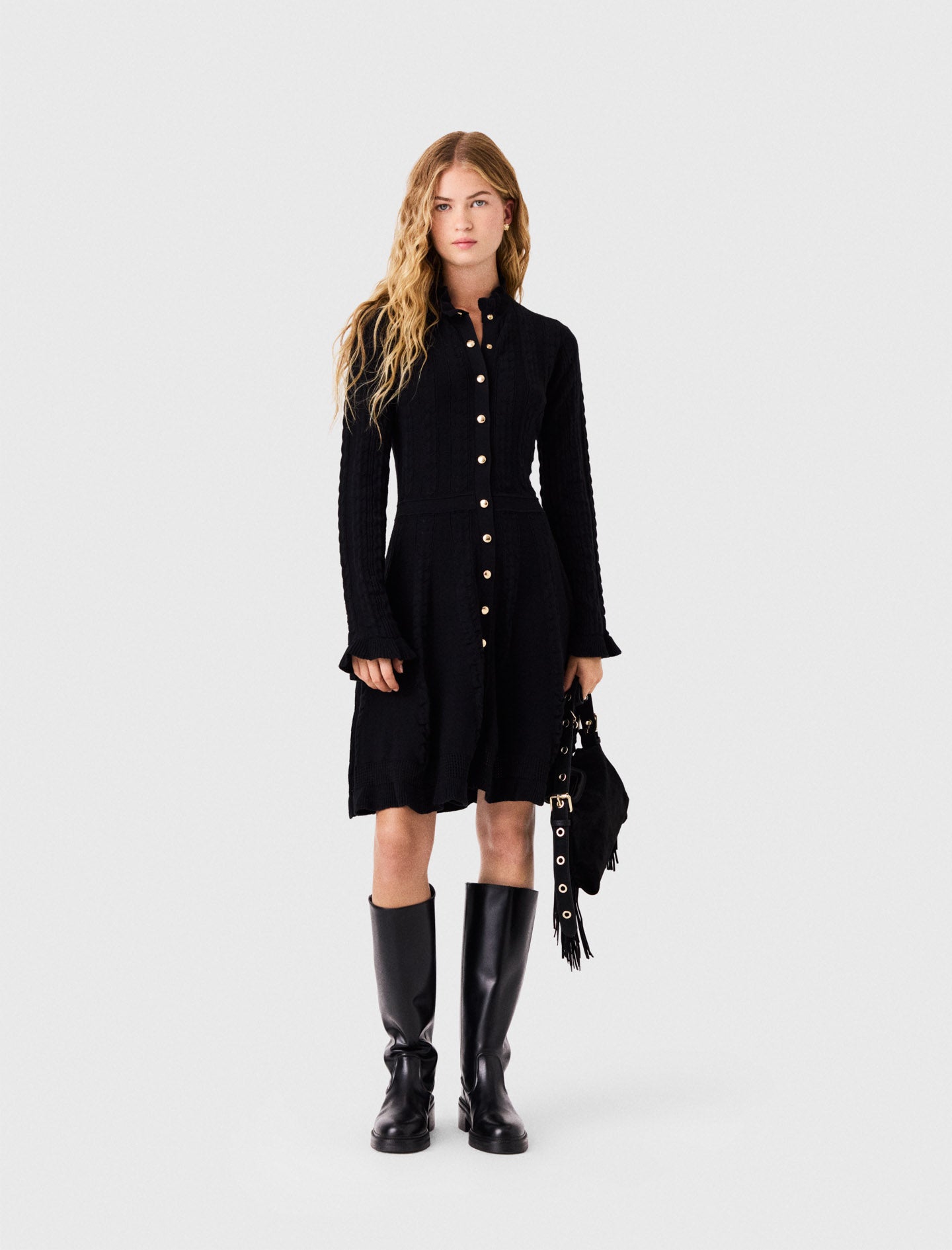 Short knit dress with buttons Black