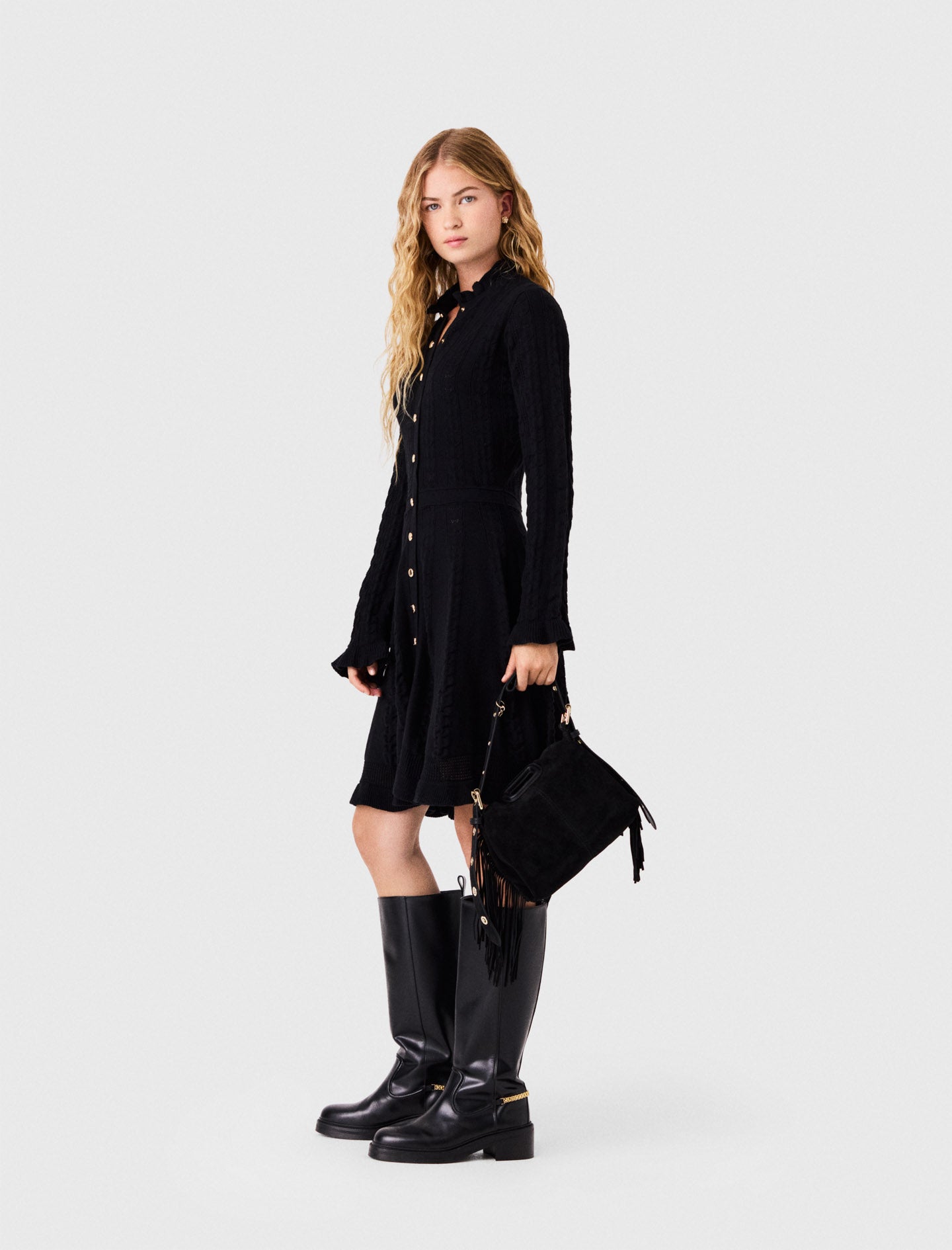 Short knit dress with buttons Black