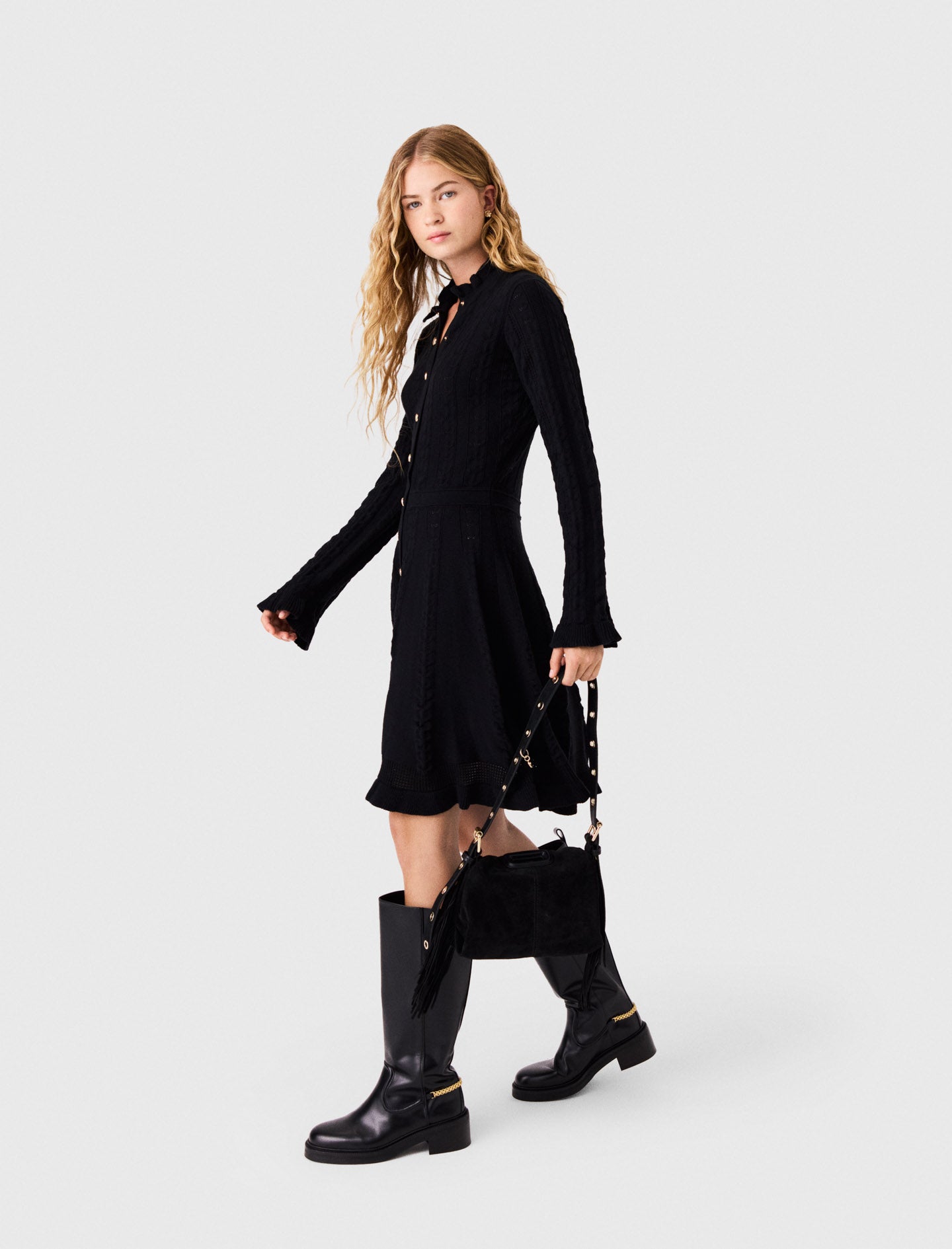 Short knit dress with buttons Black