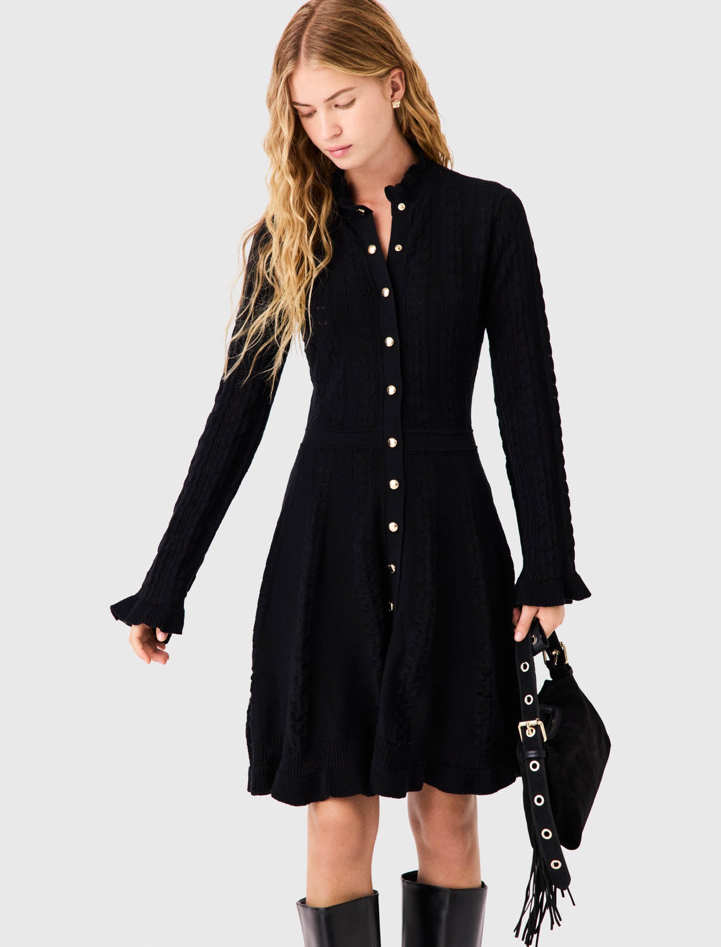 Short knit dress with buttons Black