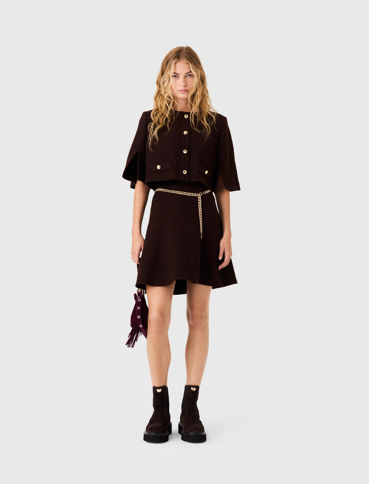 2-In-1 Tweed Cape Dress Dark Brown