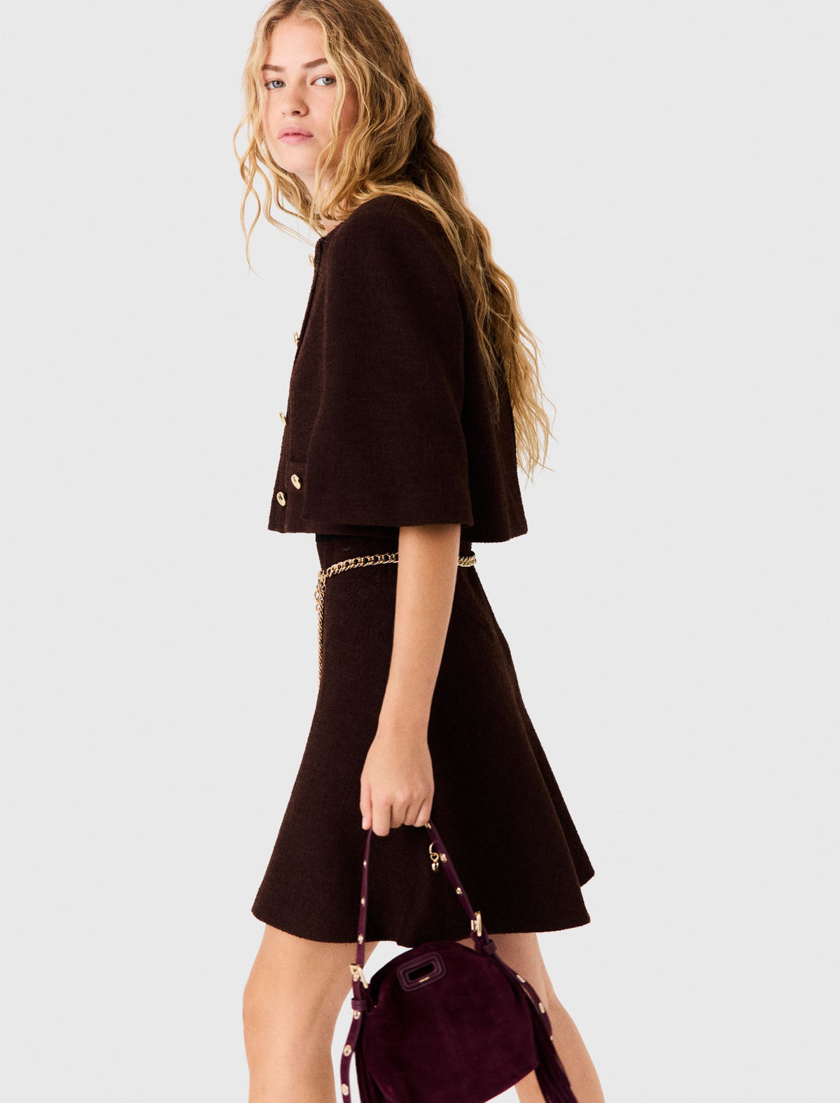 2-In-1 Tweed Cape Dress Dark Brown