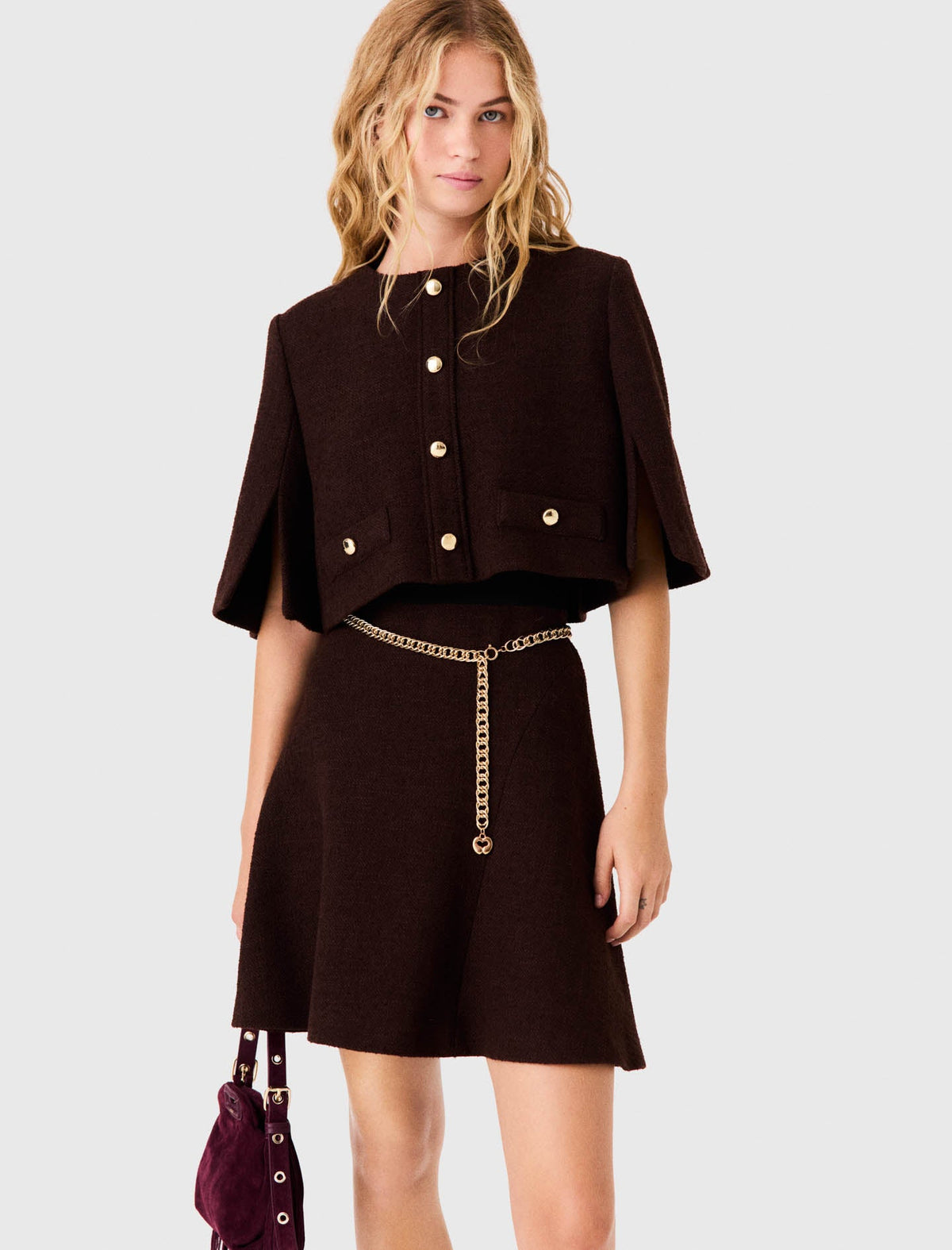 2-In-1 Tweed Cape Dress Dark Brown
