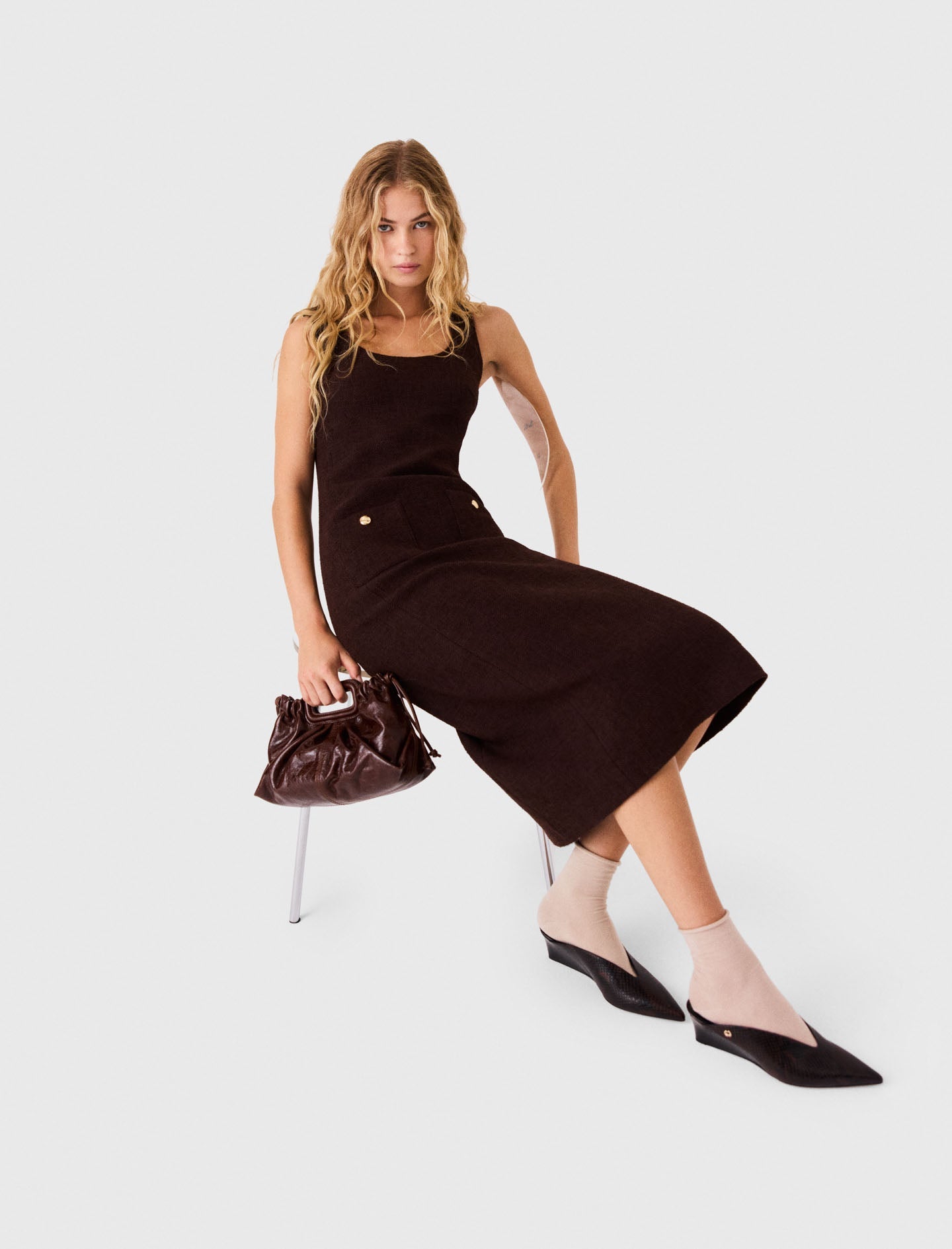 Midi Tweed Dress Dark Brown