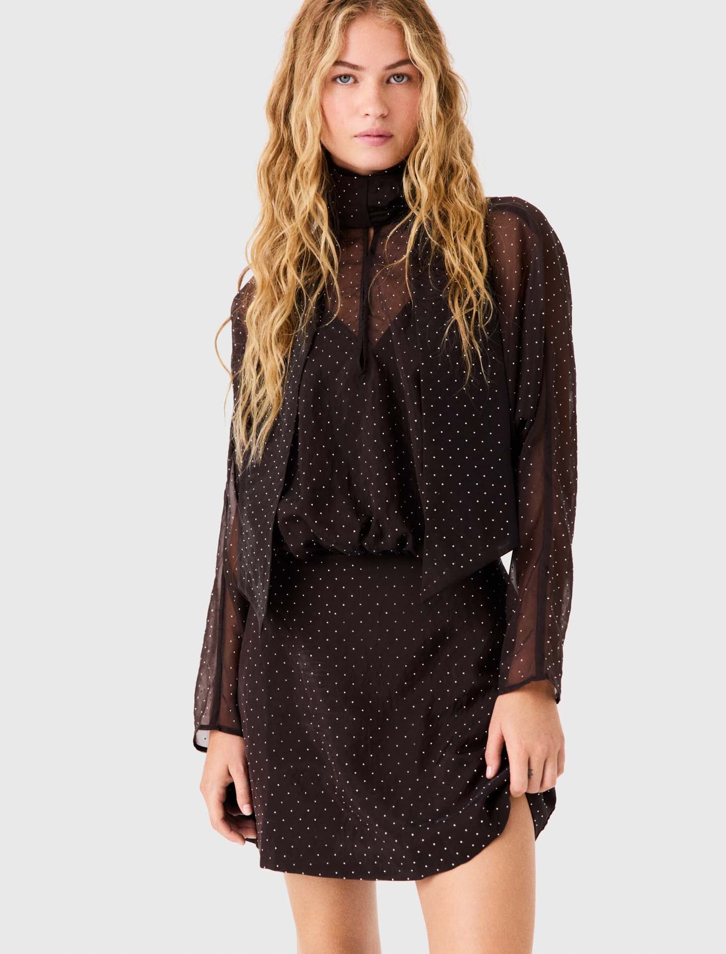 Short Rhinestone Tie-Neck Dress Dark Brown