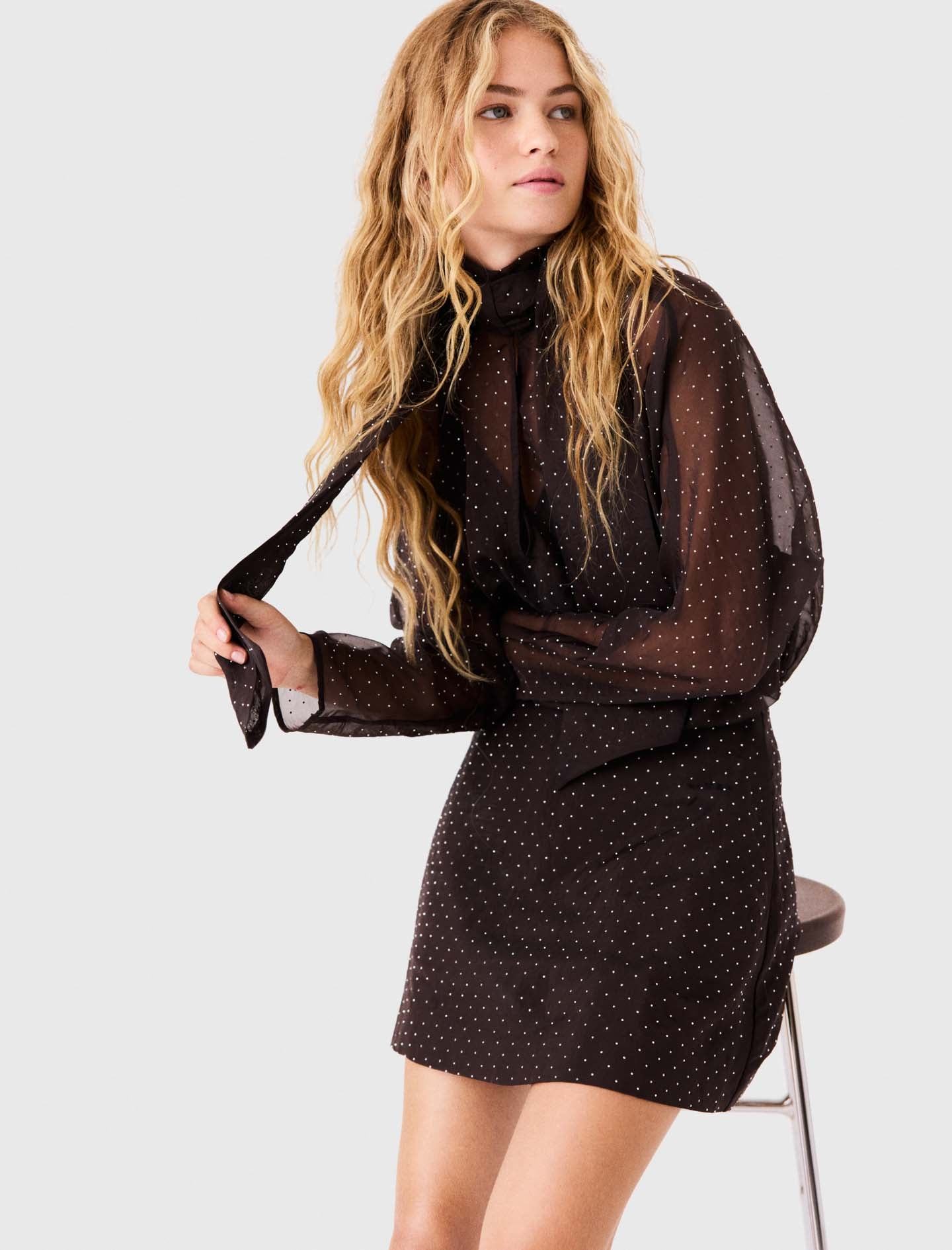 Short Rhinestone Tie-Neck Dress Dark Brown