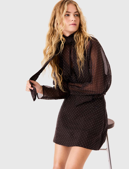 Short Rhinestone Tie-Neck Dress Dark Brown