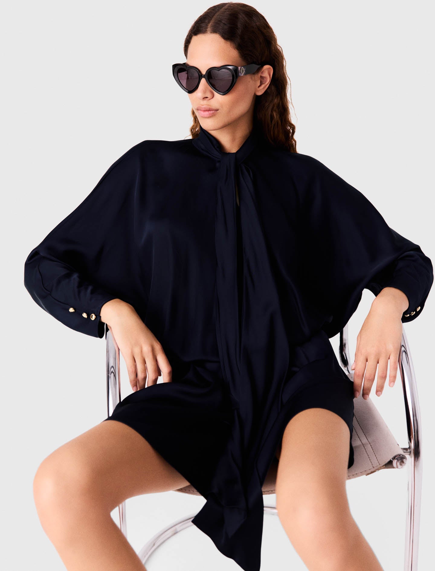 Short Draped Satin Dress Navy