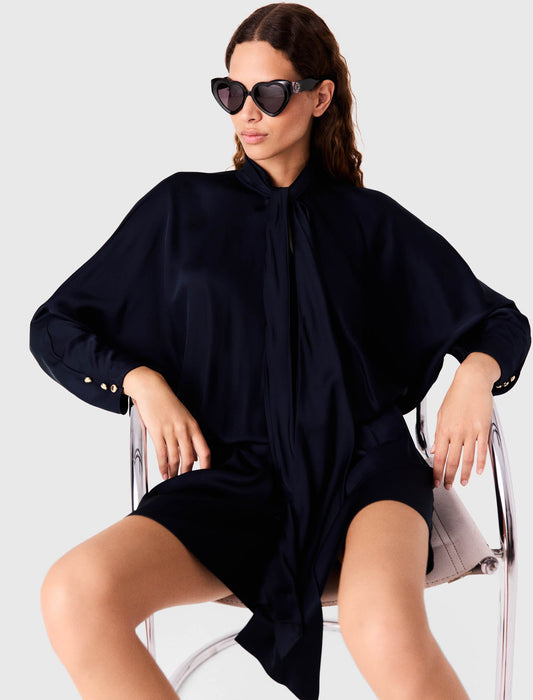Short Draped Satin Dress Navy
