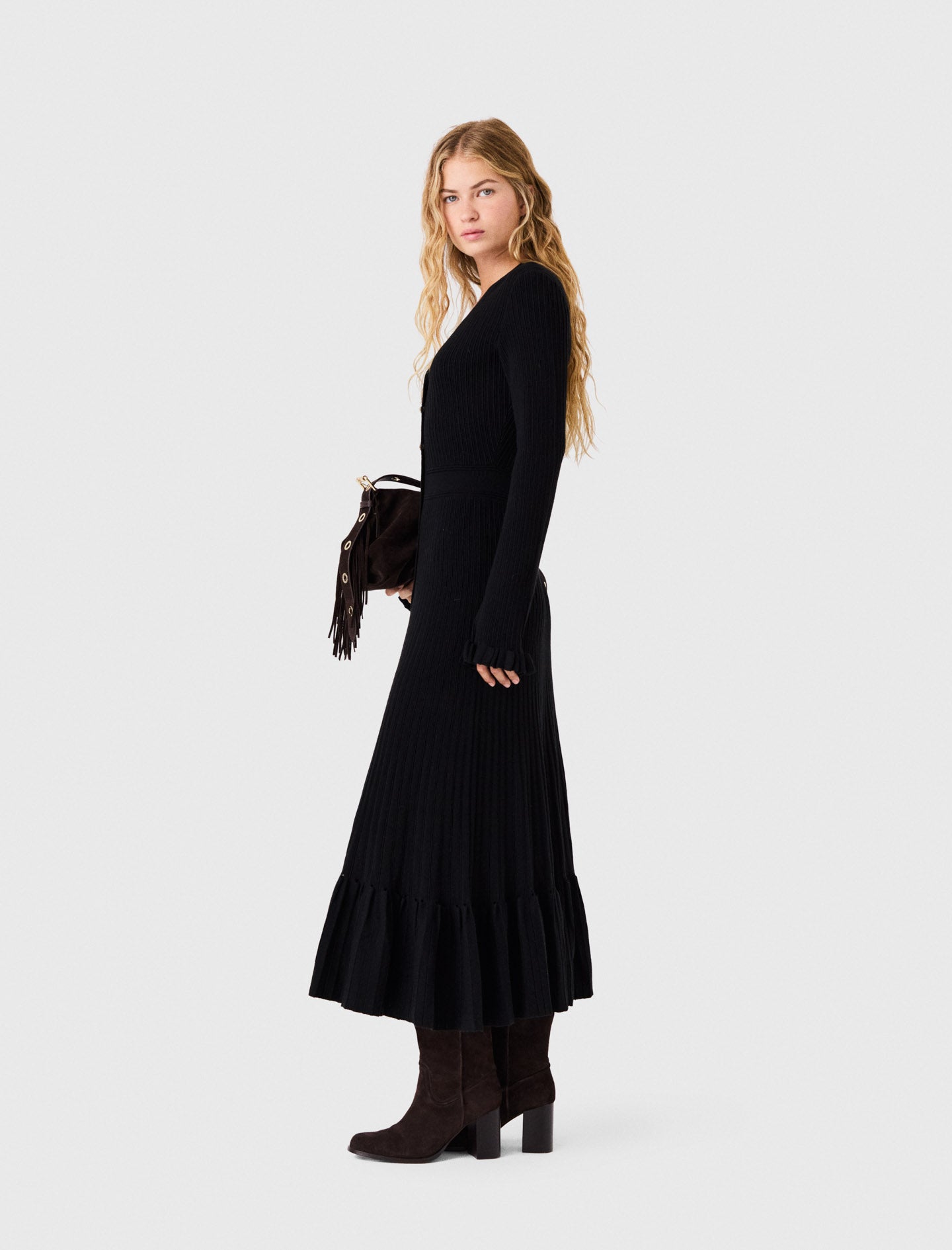 Ruffled knit maxi dress Black