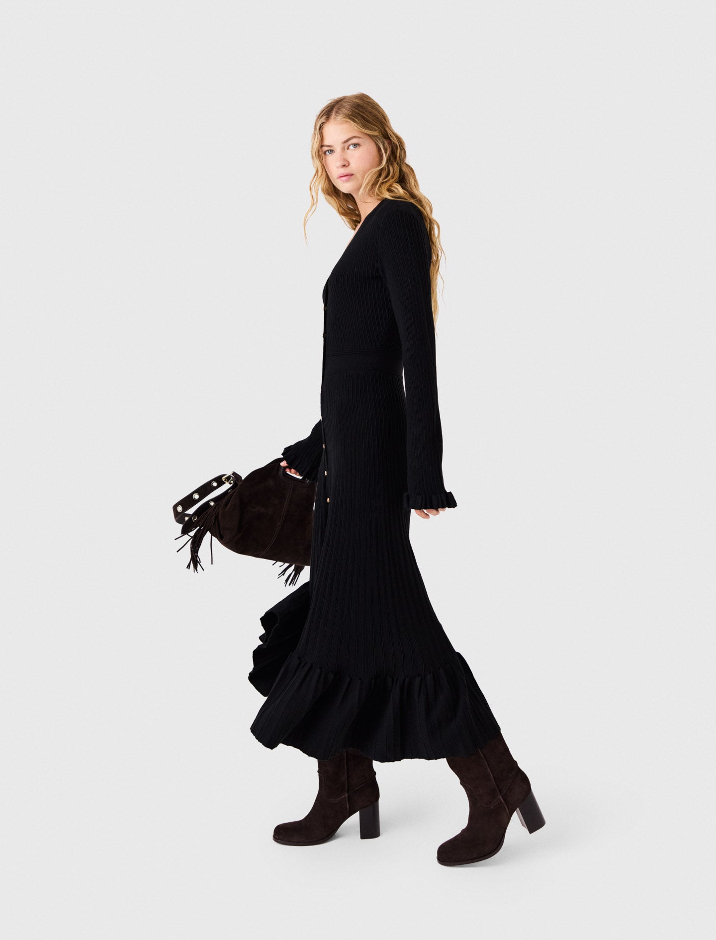 Ruffled knit maxi dress Black