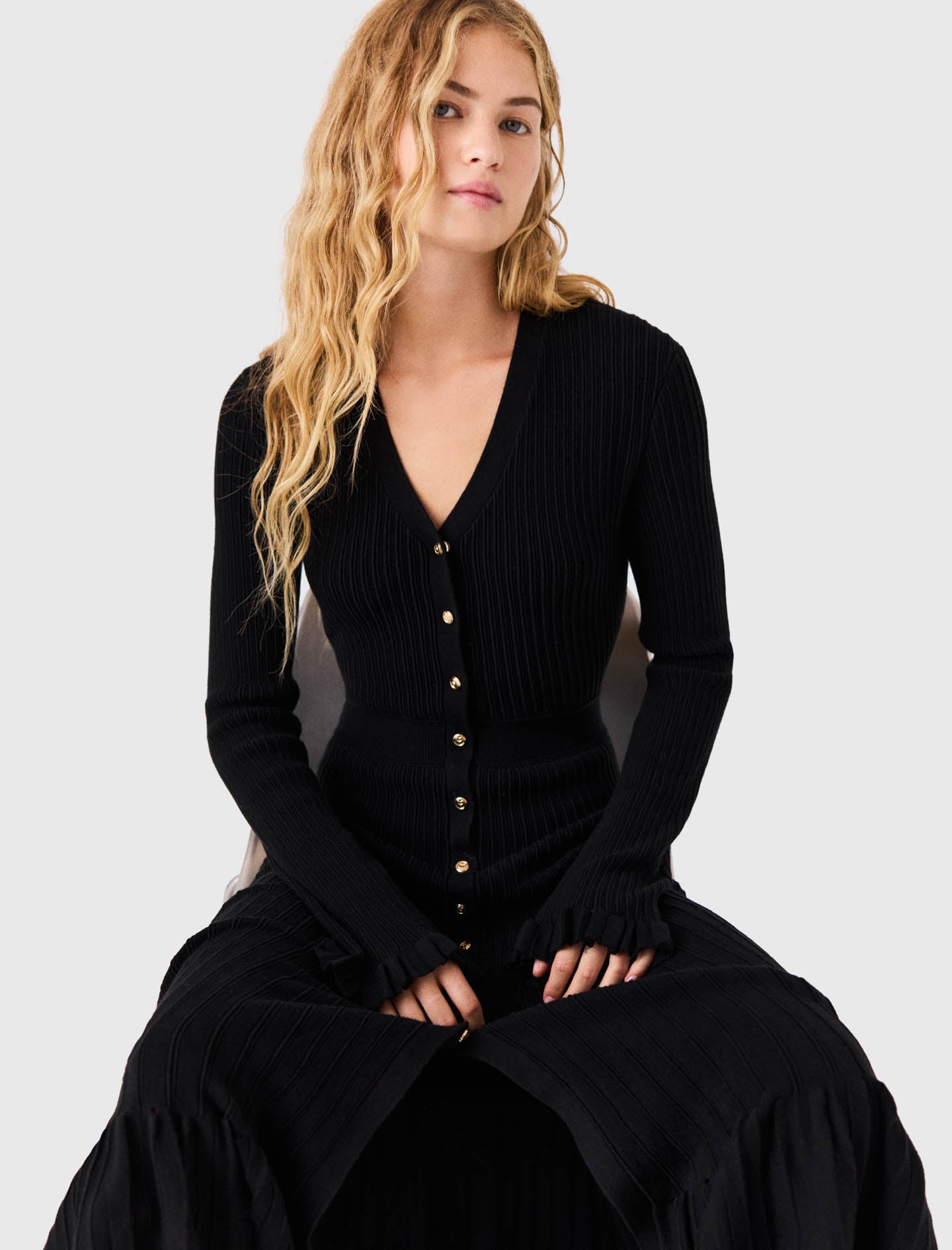 Ruffled knit maxi dress Black