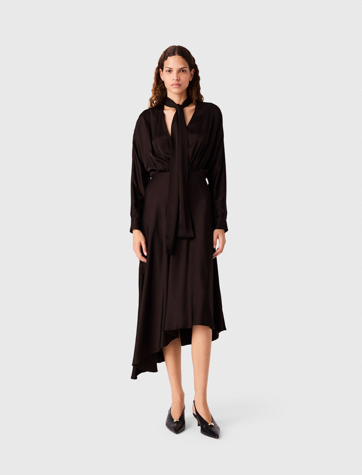Asymmetrical Satin Midi Dress Dark Brown