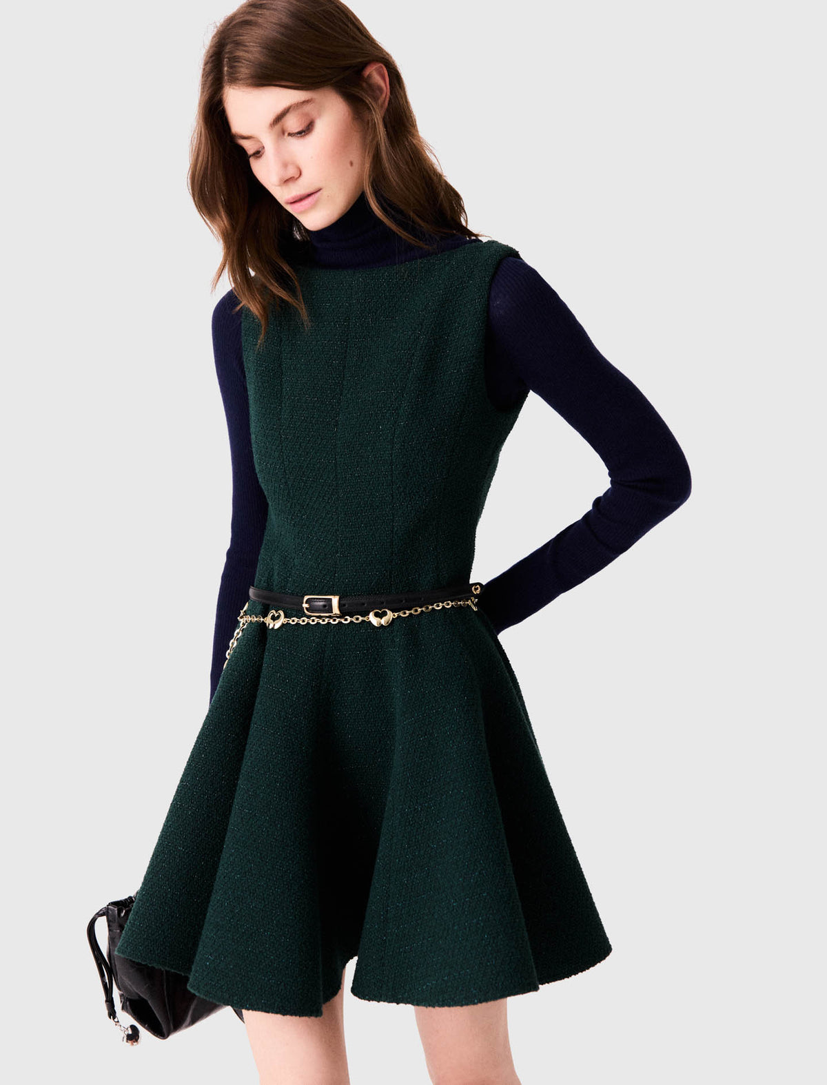 Short sleeveless tweed dress Bottle Green