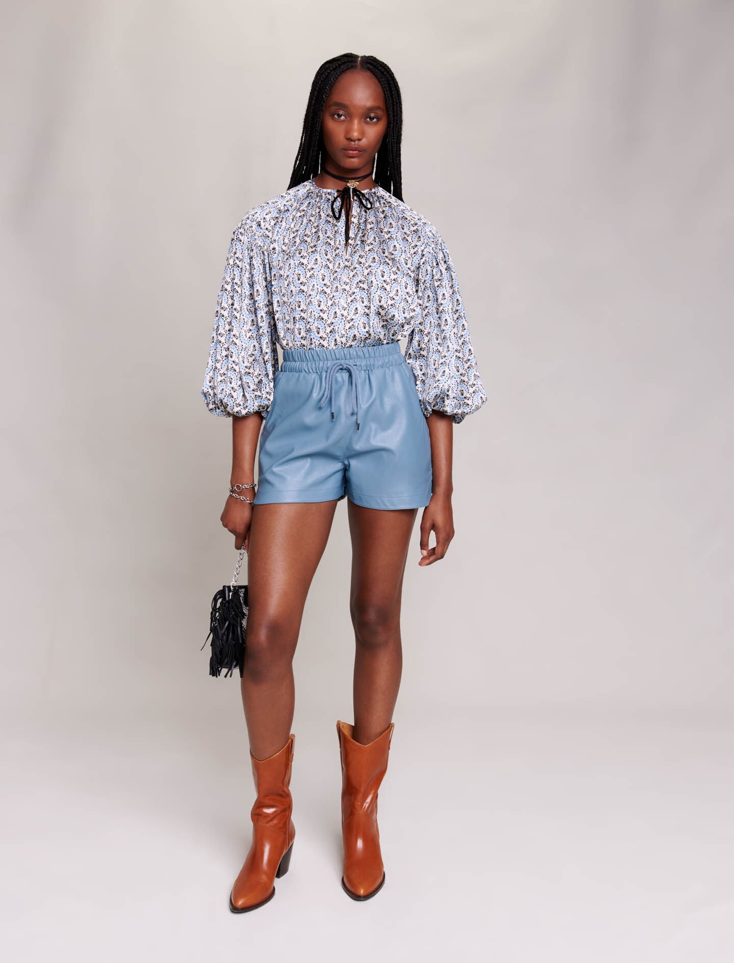 Blue-featured-leather-look shorts