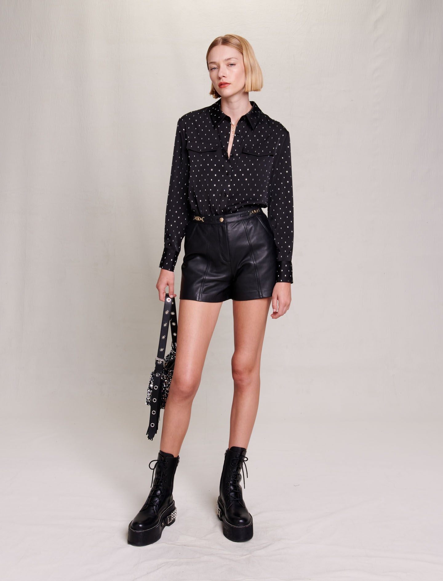 Black-featured-leather shorts