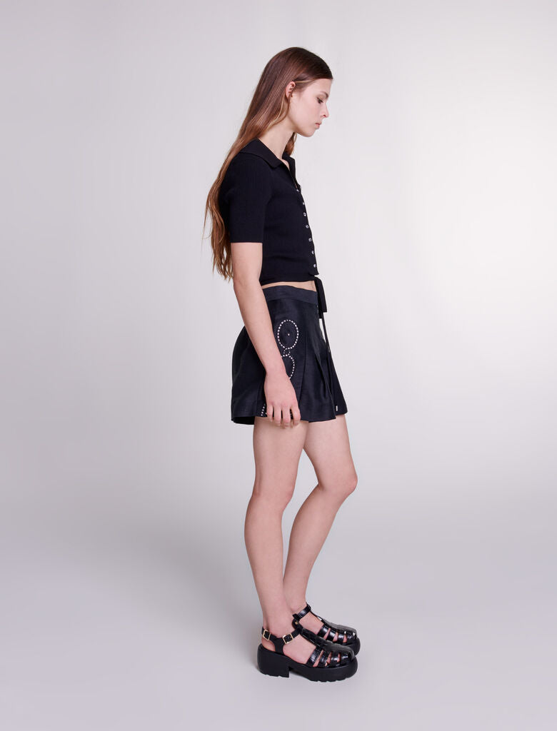 Black-Openwork linen shorts with rivets