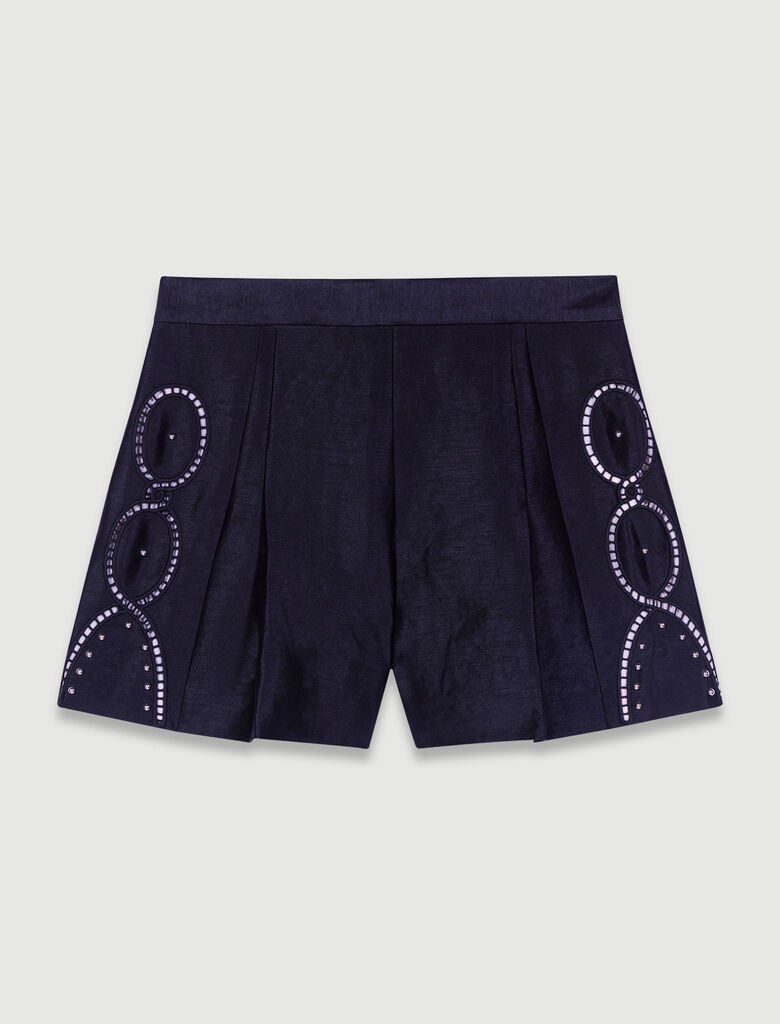 Black-Openwork linen shorts with rivets
