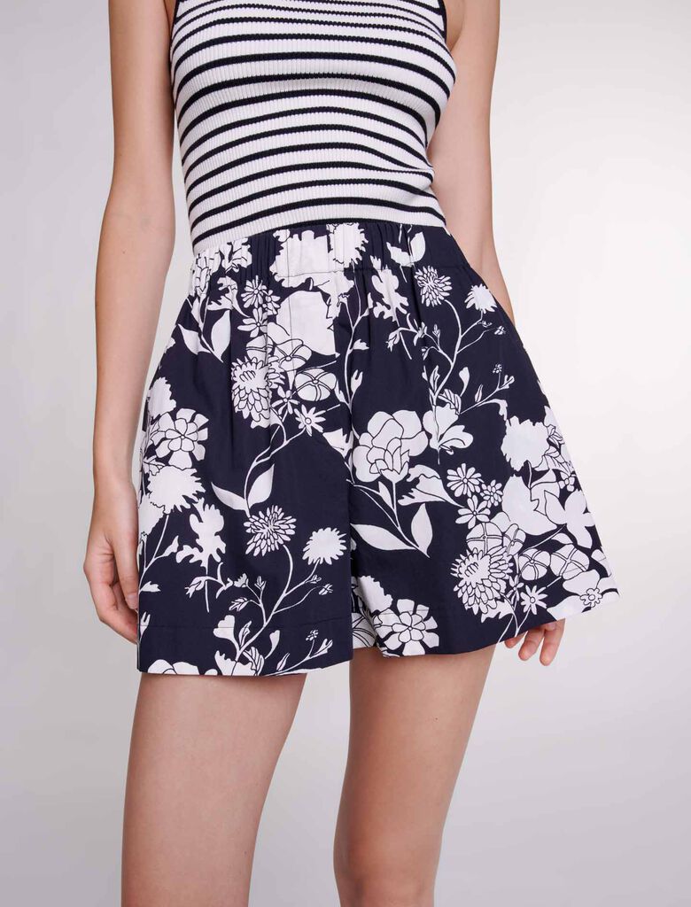 Print Ecru Black Floral-Patterned cotton shorts
