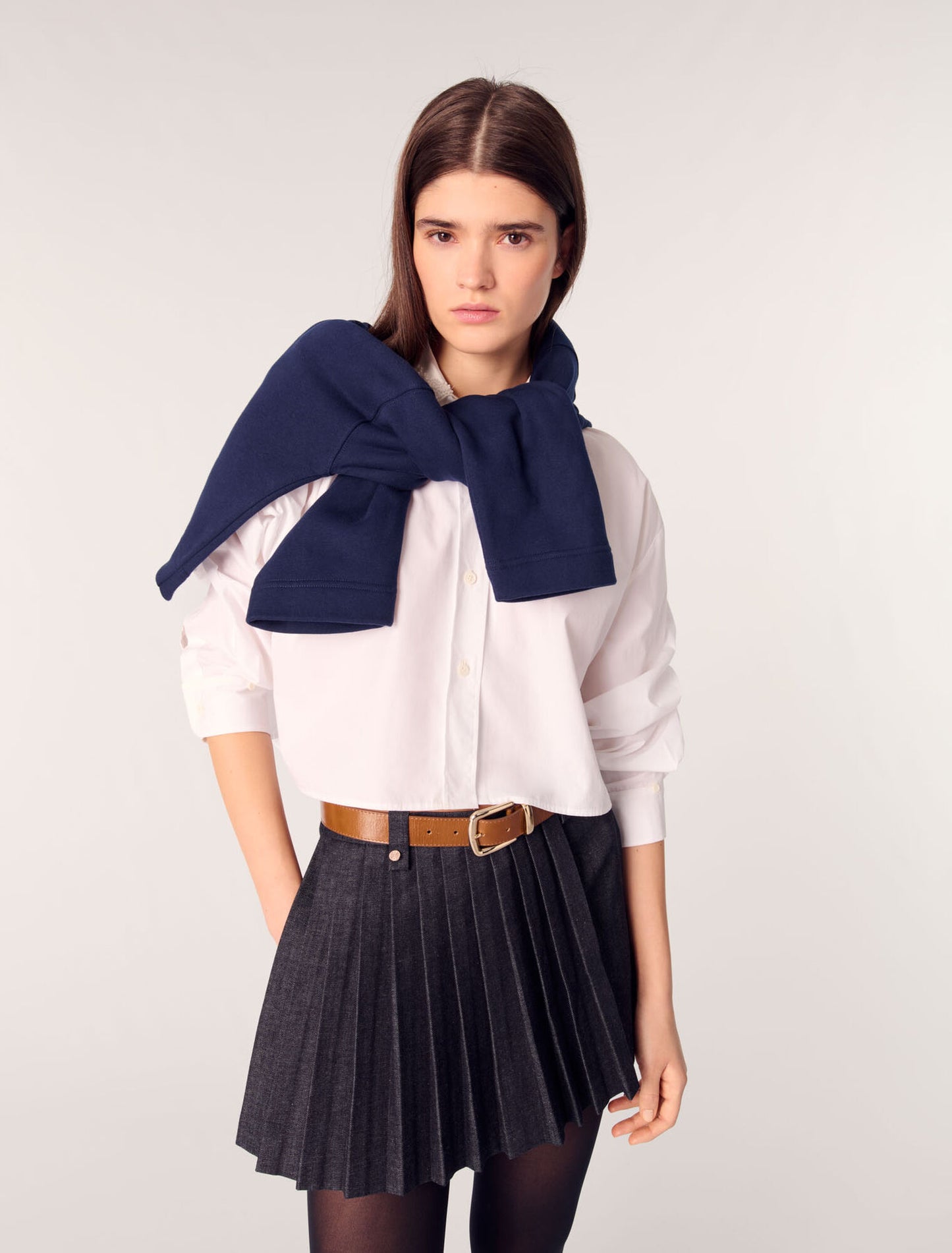 Black-Layered-effect pleated denim shorts