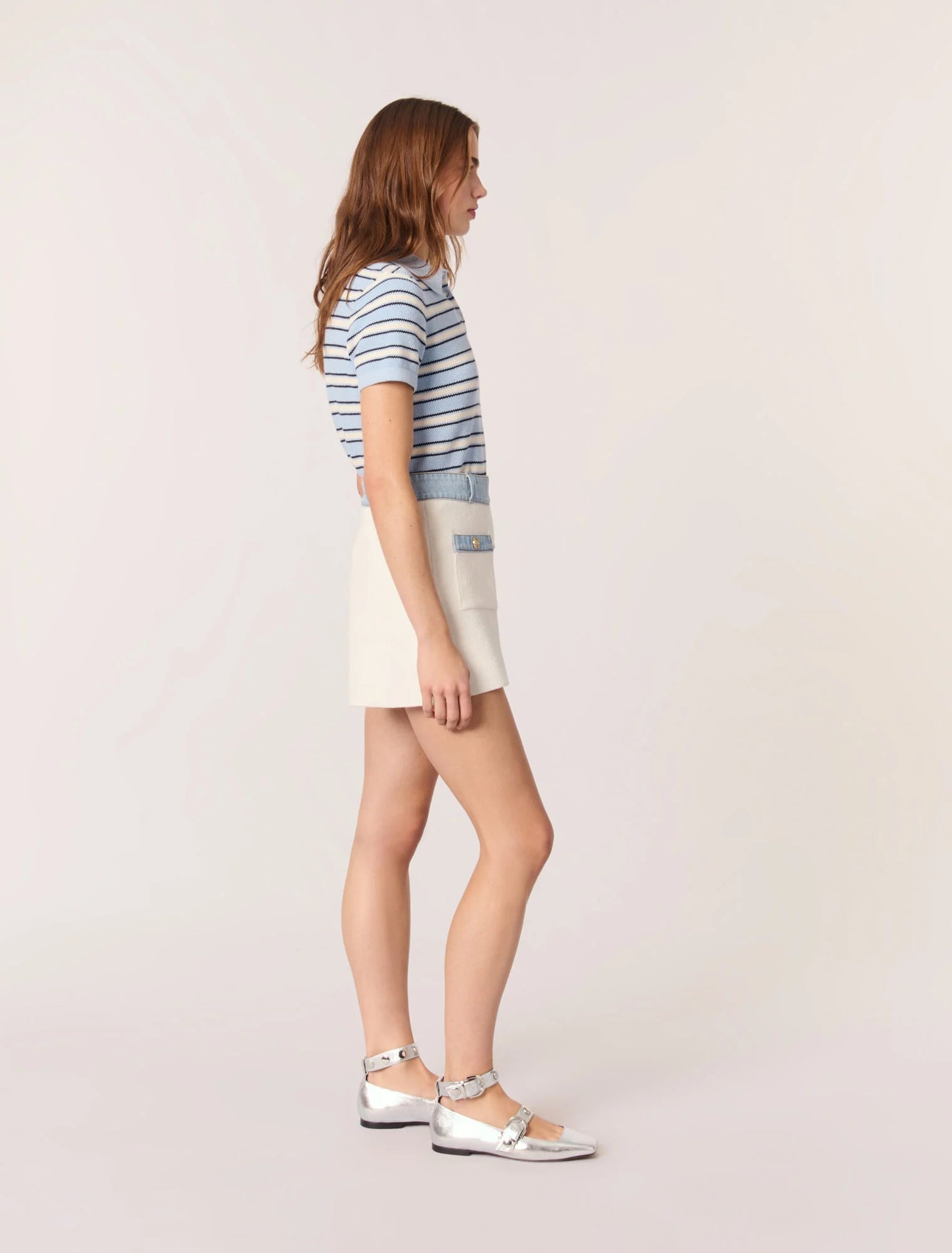 Ecru-Knitted Shorts With Denim Trim