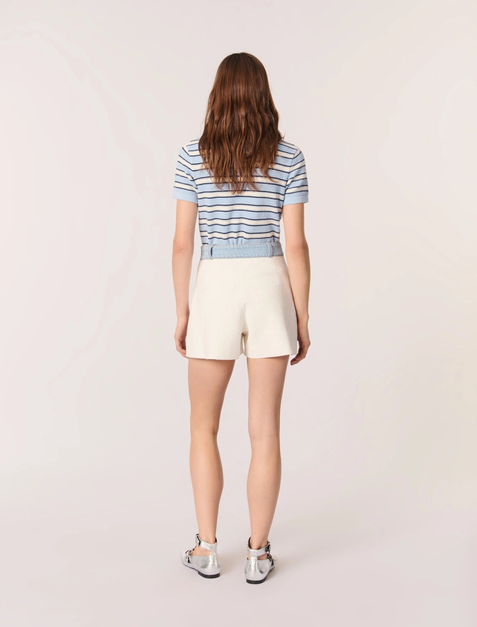 Ecru-Knitted Shorts With Denim Trim
