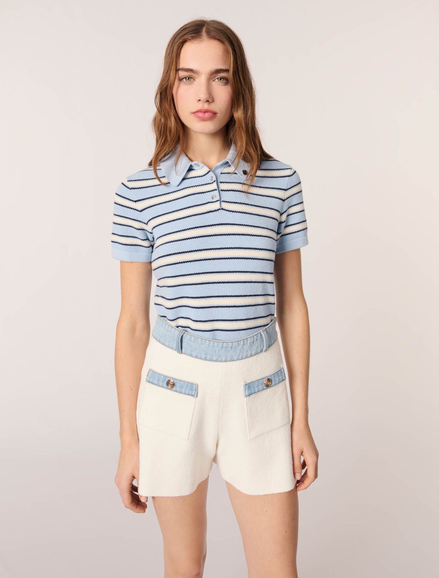 Ecru-Knitted Shorts With Denim Trim