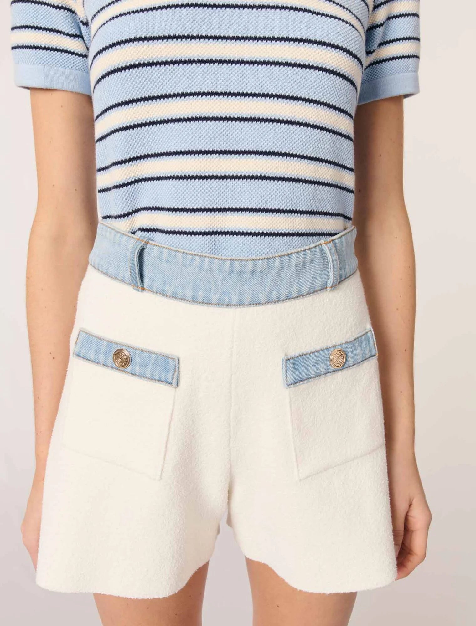 Ecru-Knitted Shorts With Denim Trim