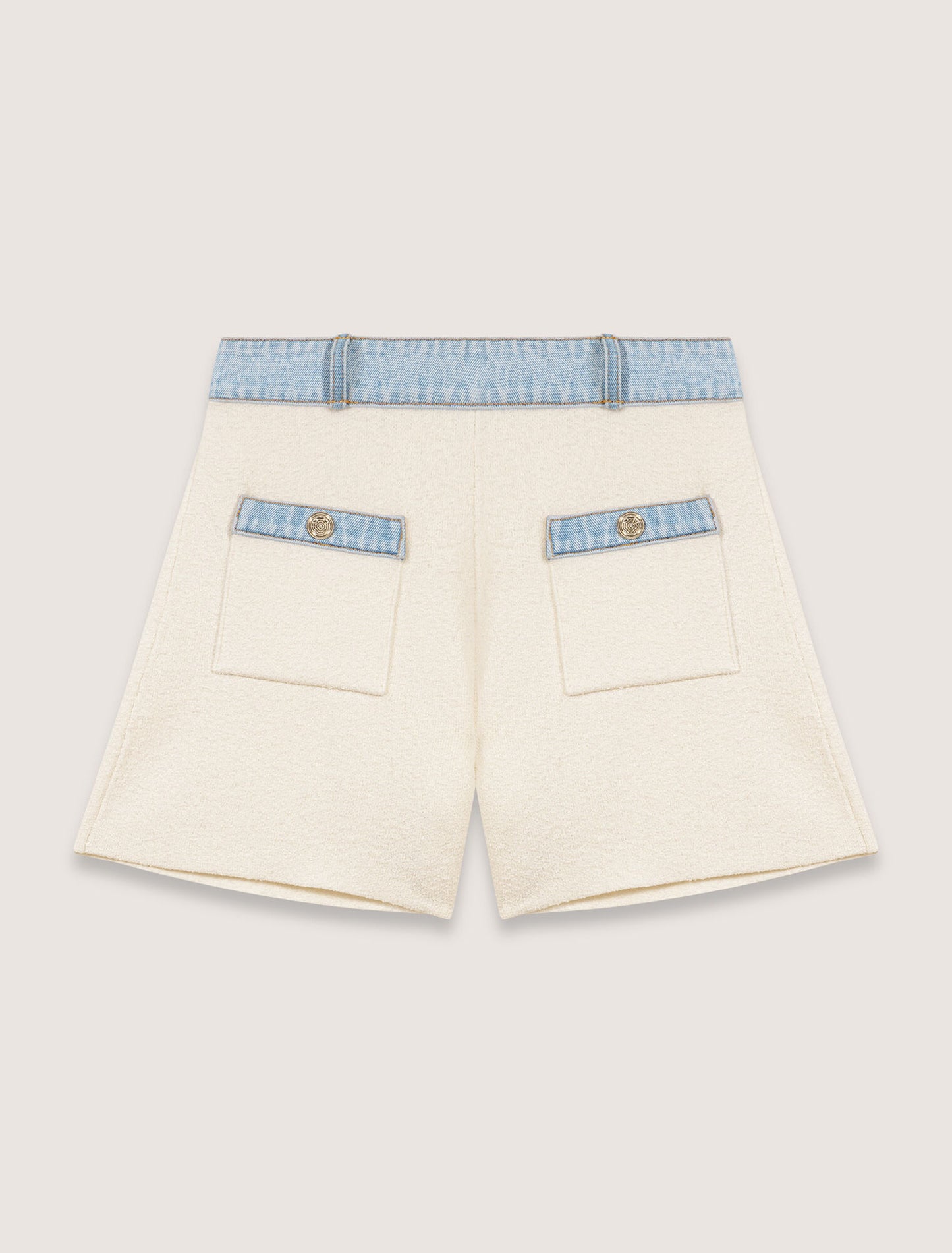 Ecru-Knitted Shorts With Denim Trim
