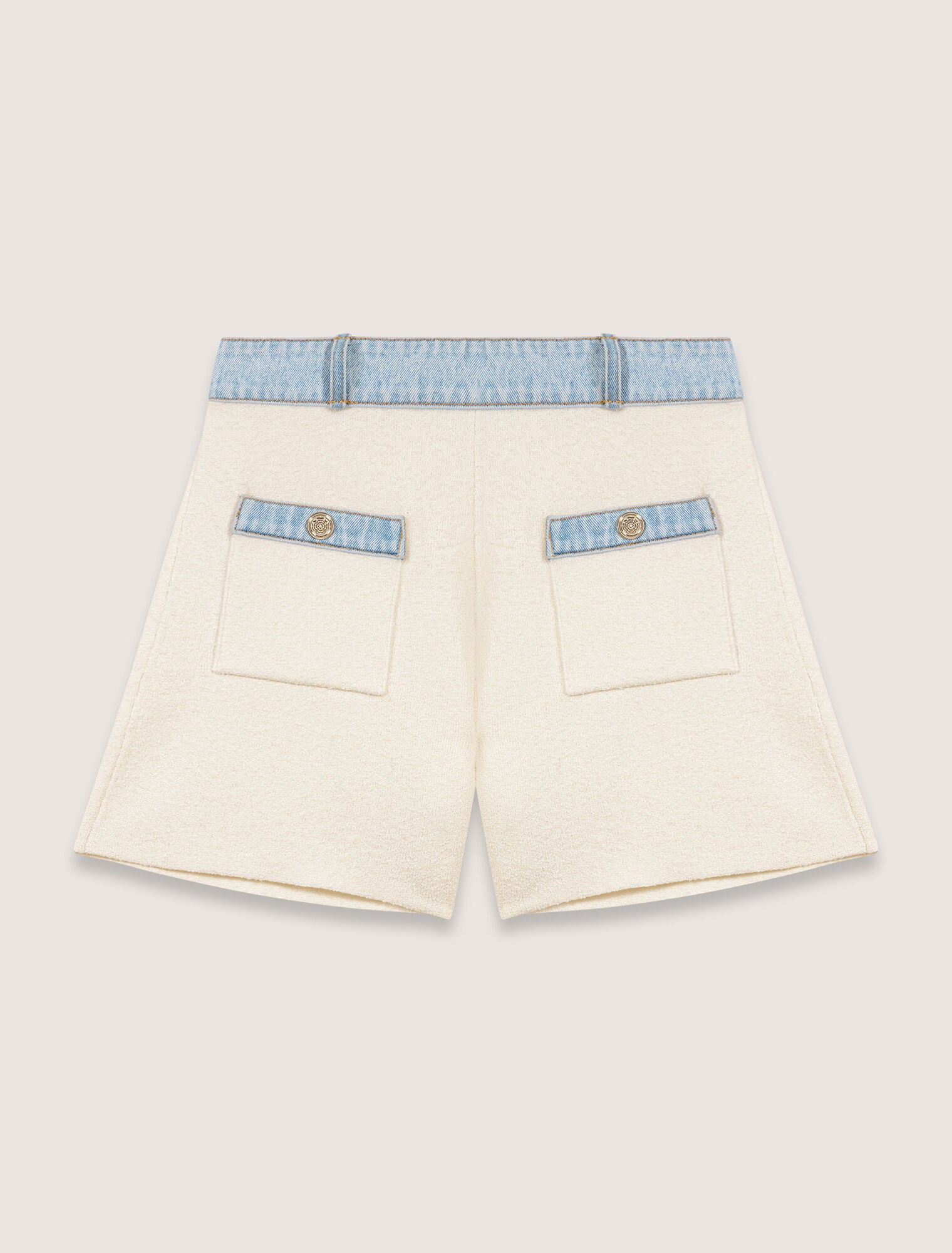 Ecru-Knitted Shorts With Denim Trim