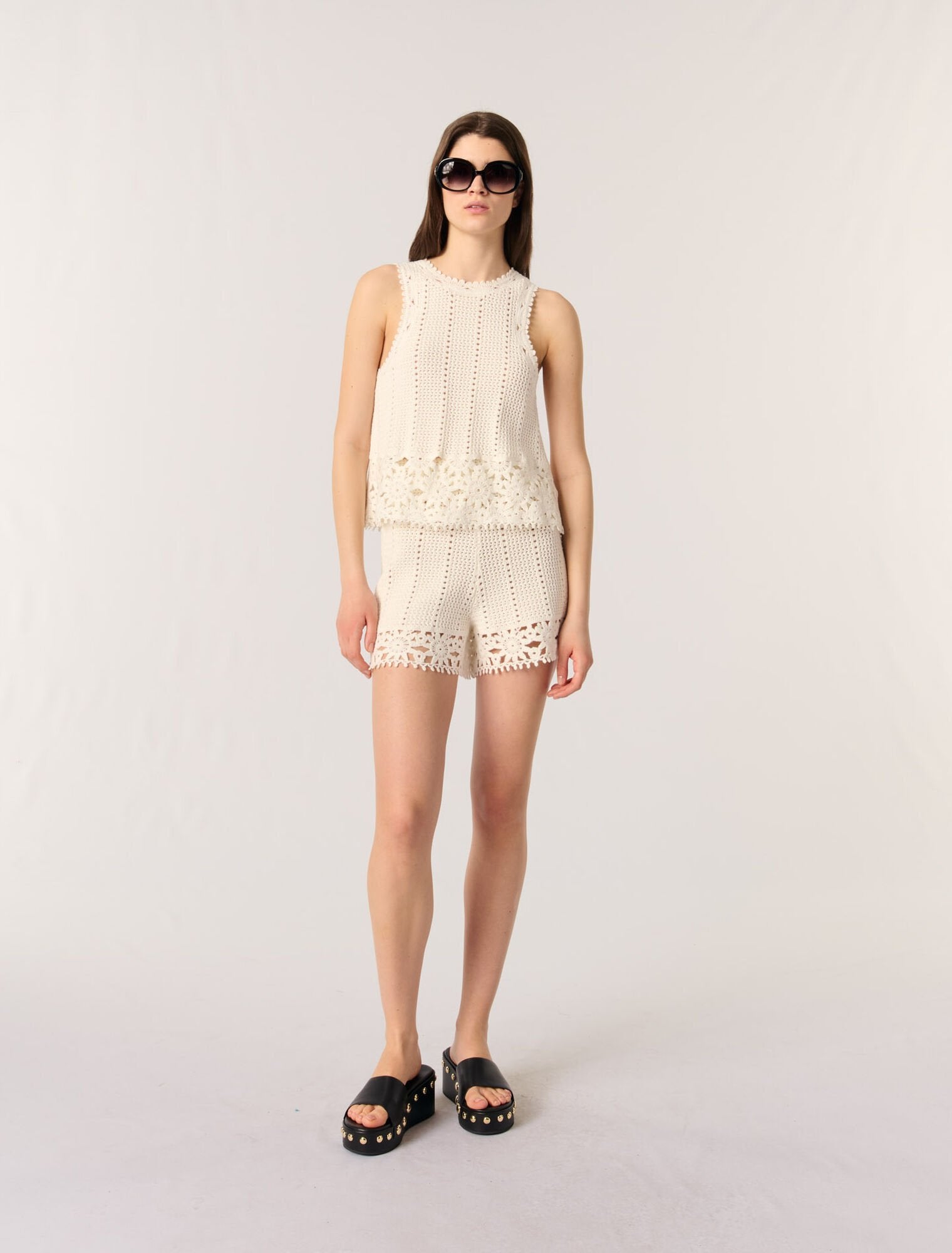 White-featured-Crochet-knit shorts
