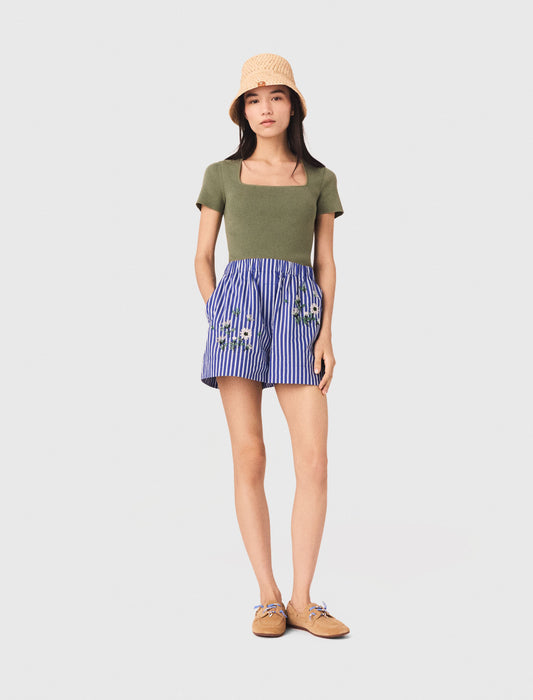 Embroidered Cotton Striped Shorts White/Blue