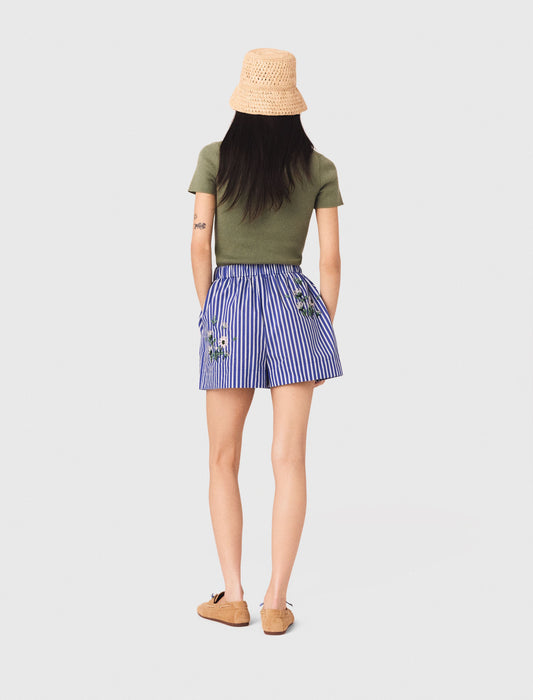 Embroidered Cotton Striped Shorts White/Blue