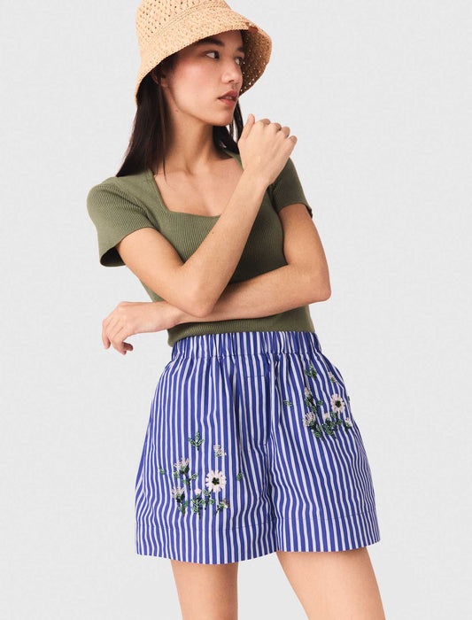 Embroidered Cotton Striped Shorts White/Blue