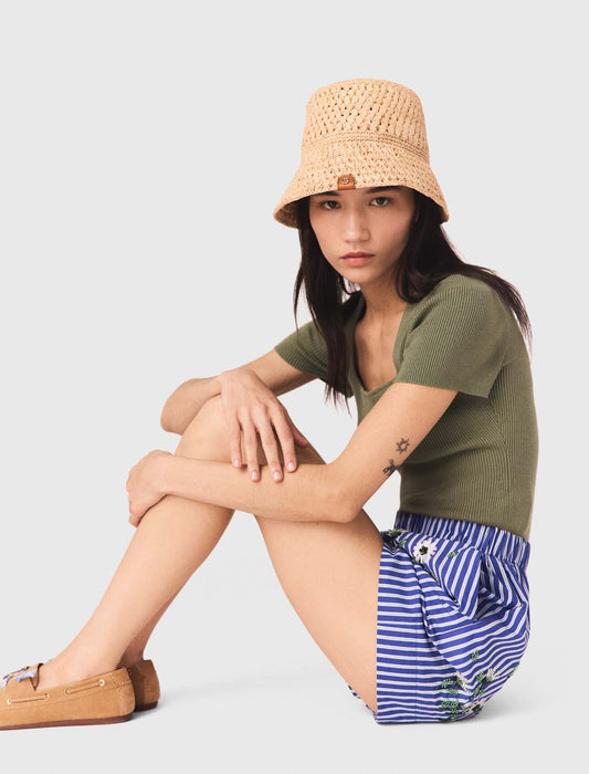 Embroidered Cotton Striped Shorts White/Blue