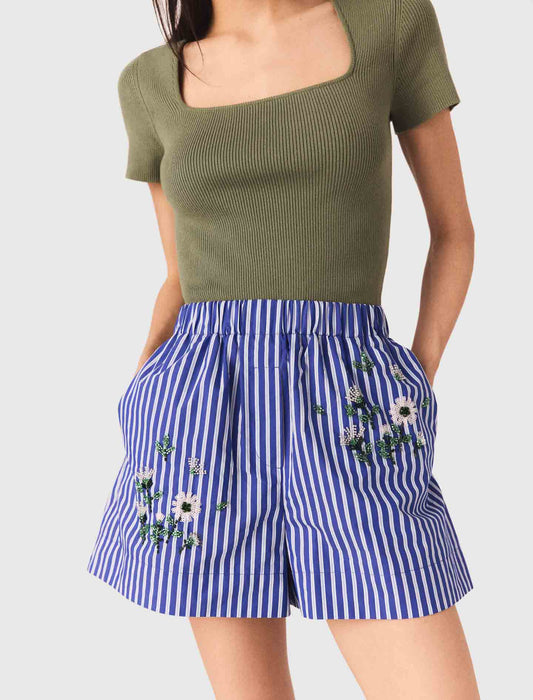 Embroidered Cotton Striped Shorts White/Blue