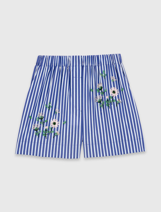 Embroidered Cotton Striped Shorts White/Blue