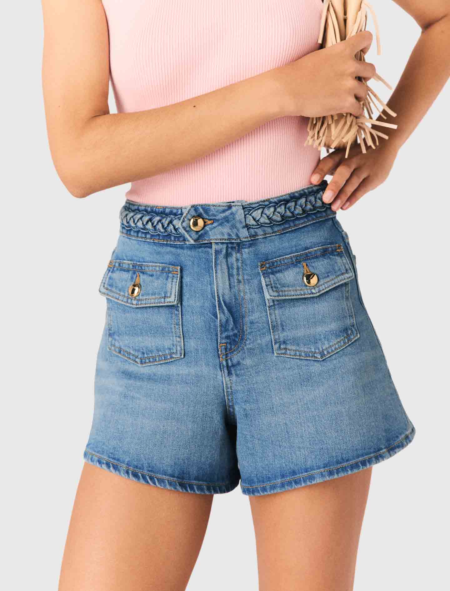 Braided Denim Shorts Blue