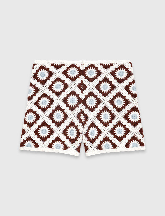 Floral-Patterned Crochet Shorts Brown/Blue