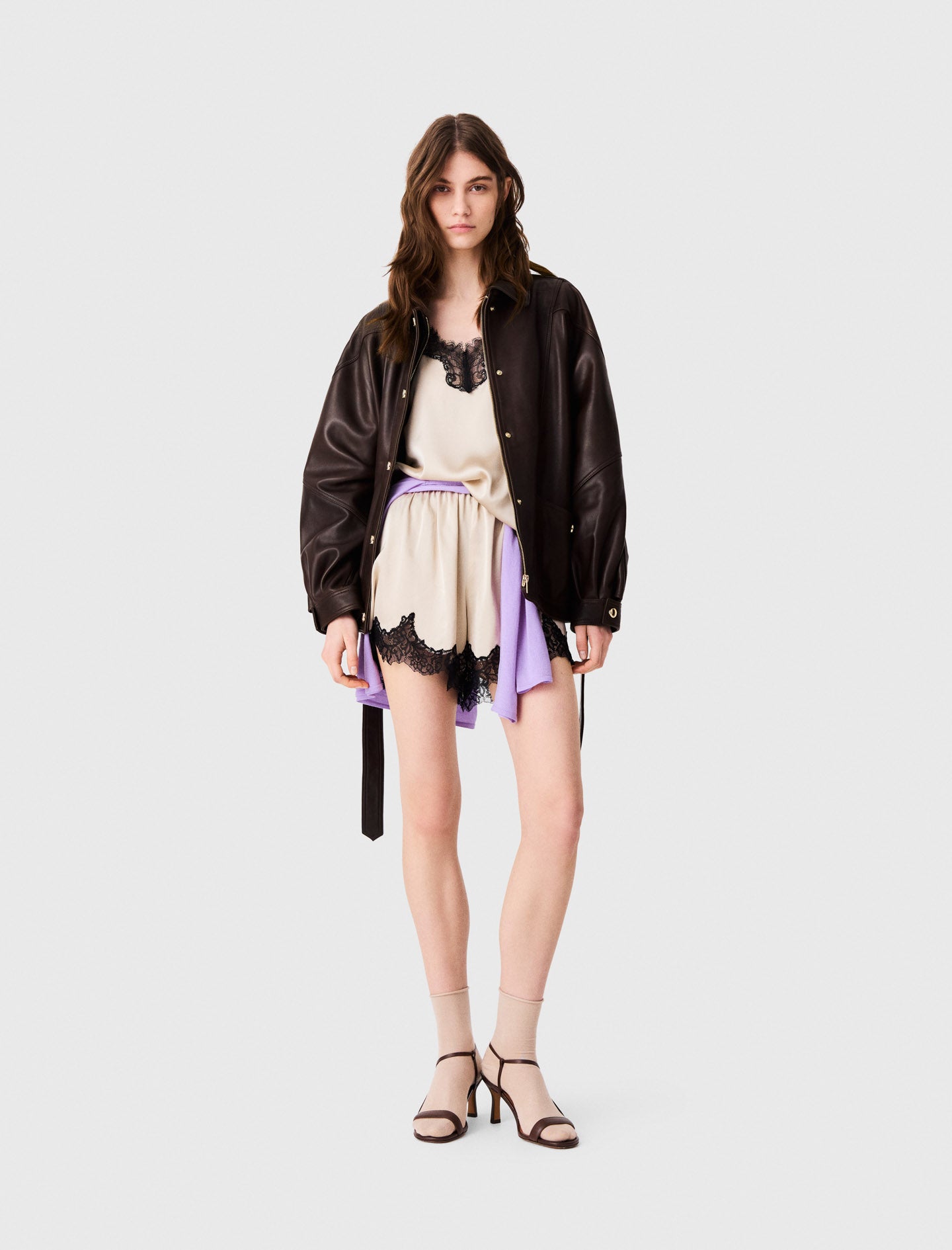 Satin shorts with lace details Beige