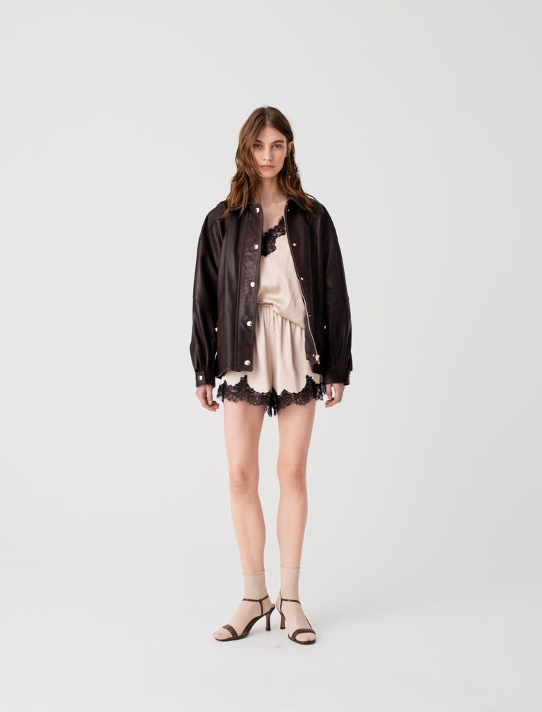 Satin shorts with lace details Beige