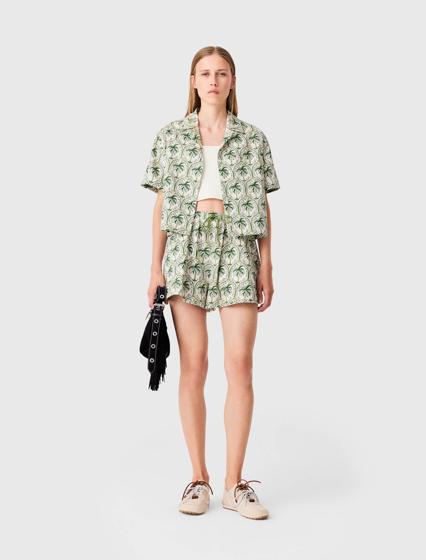 Patterned elastic waist shorts Green Palm Tree