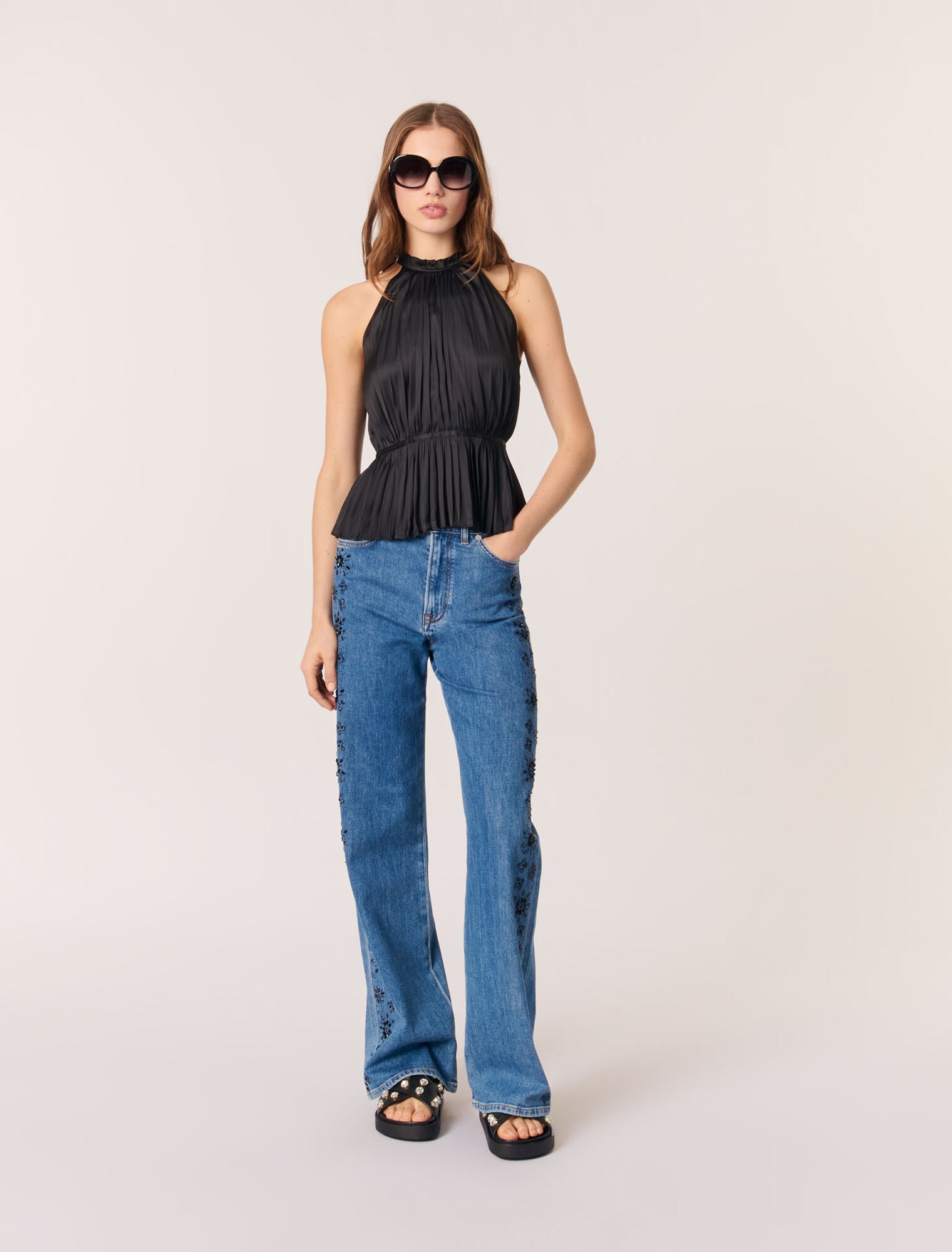 Black-featured-PLEATED SATIN TOP