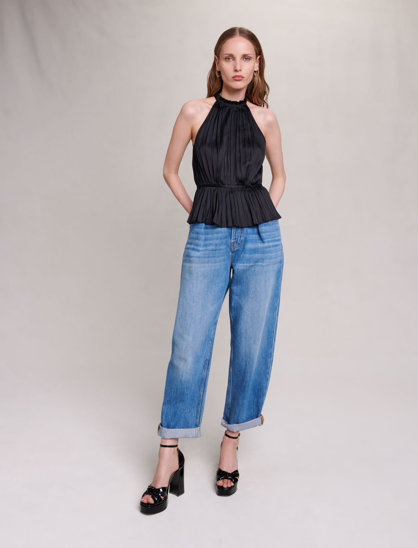 Shop Black Pleated Satin Top for Women Online in Dubai & UAE Maje.ae