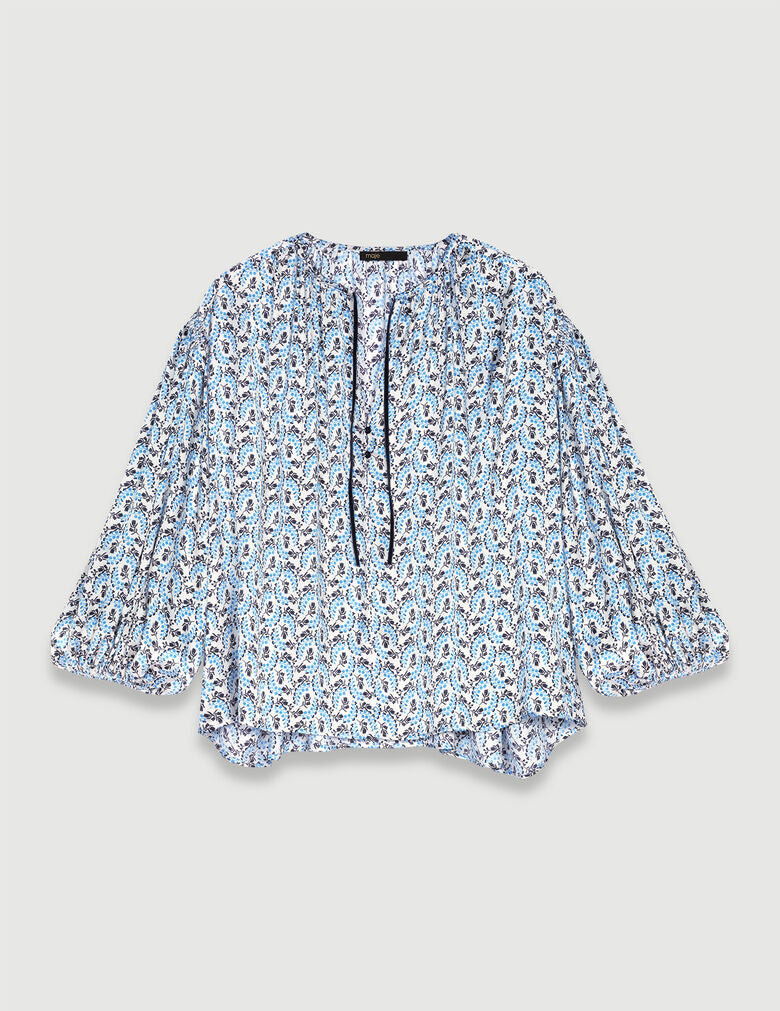 Écru/Blue lily of the valley Loose-fitting satin blouse