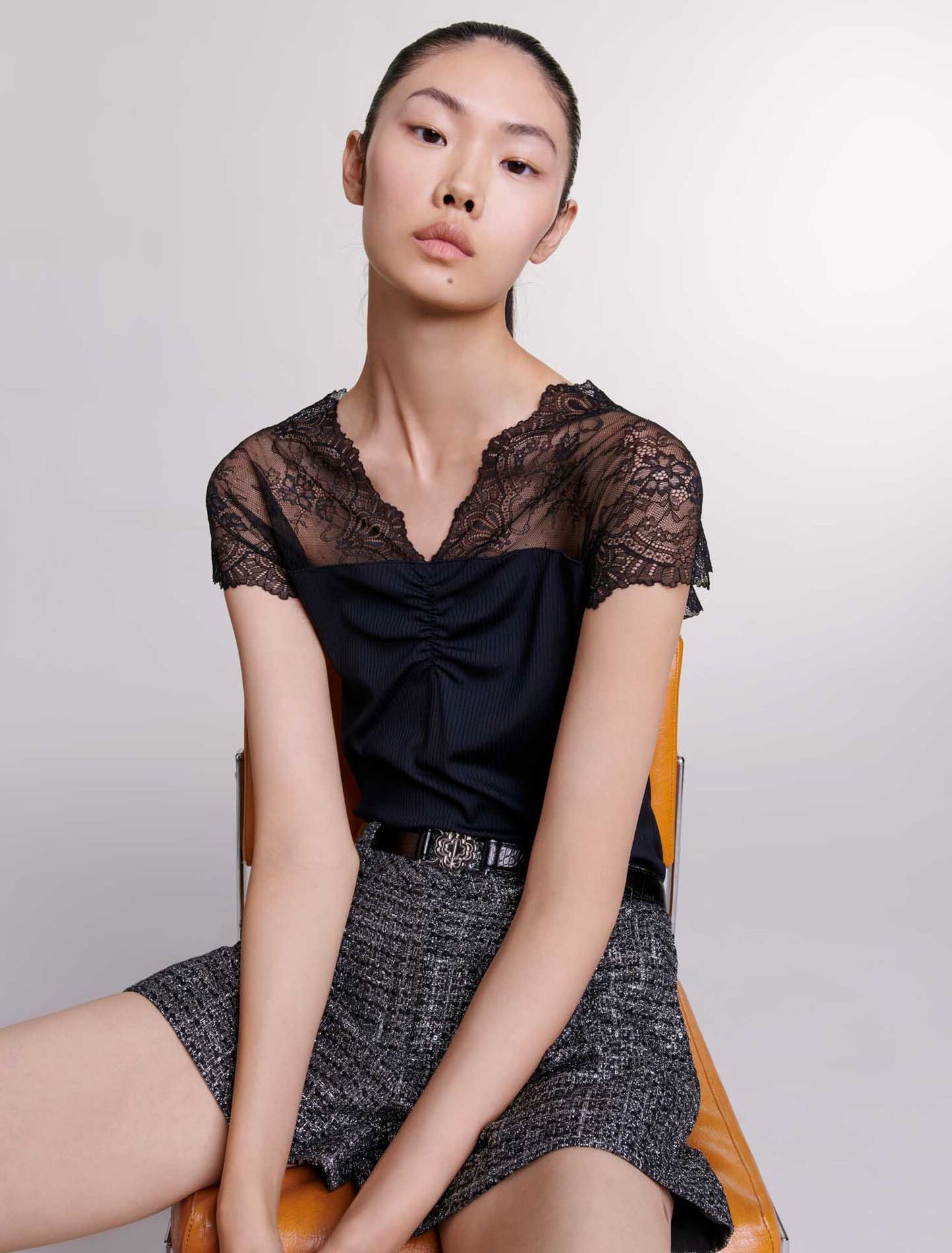 Black  -Jersey Top With Lace Trim