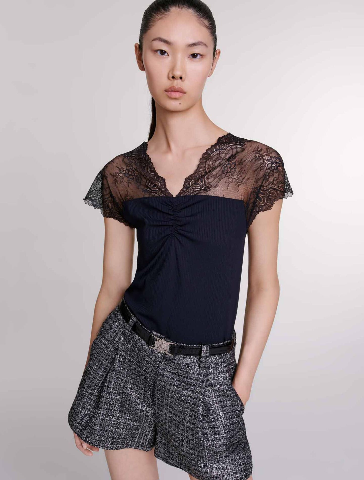 Black  -Jersey Top With Lace Trim