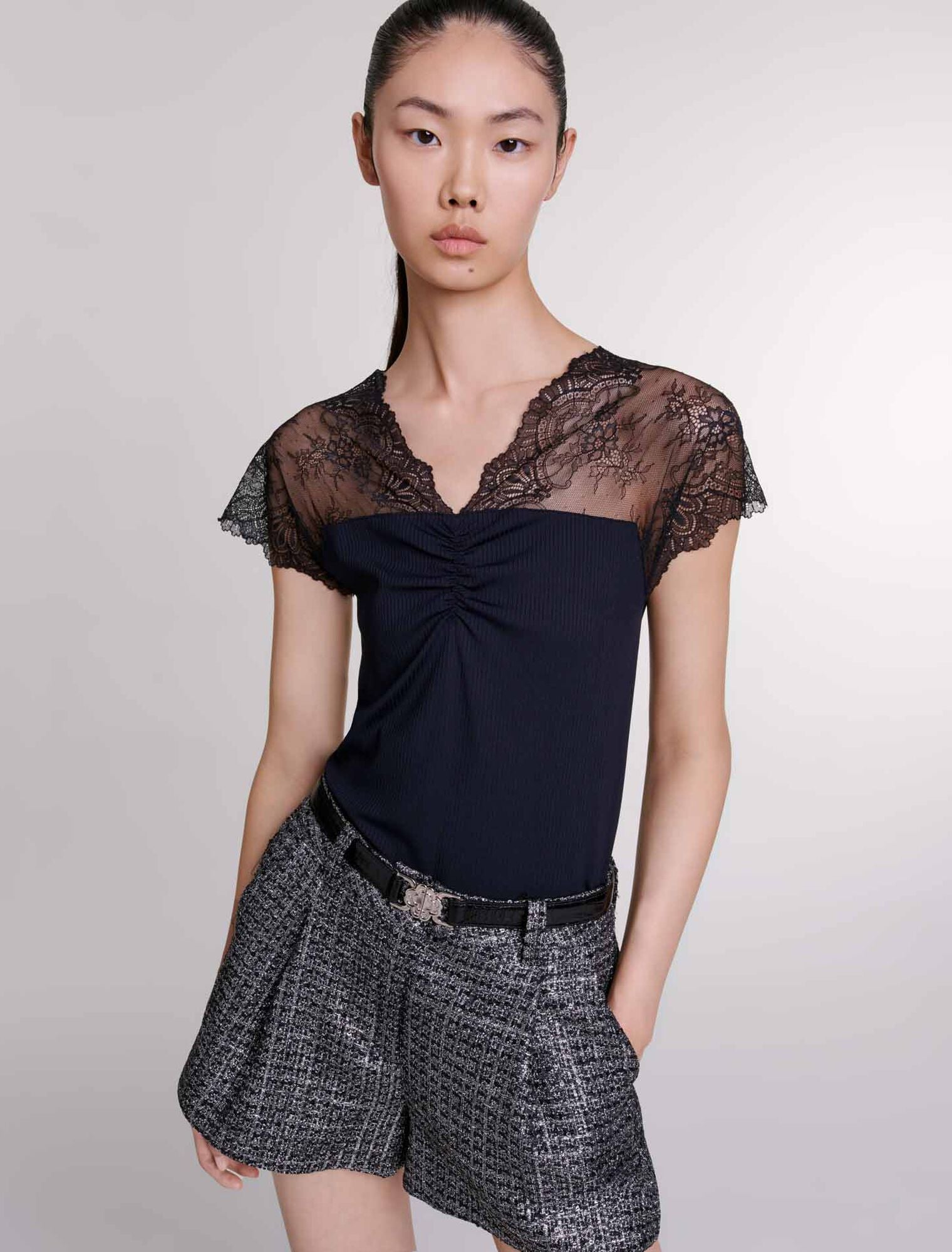 Black  -Jersey Top With Lace Trim