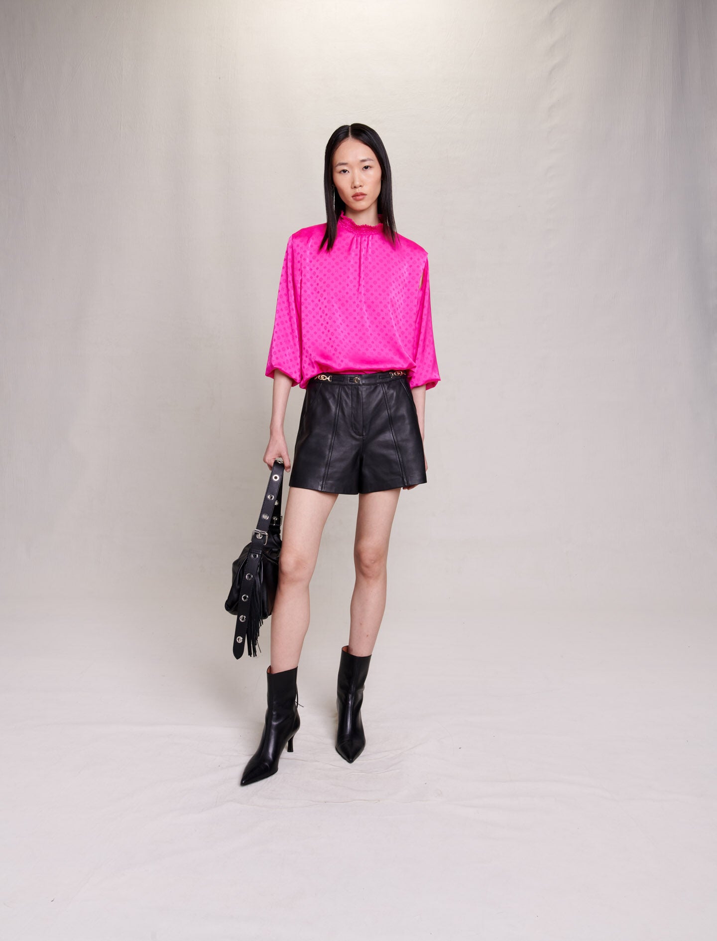 Fuchsia-featured-satin jacquard blouse