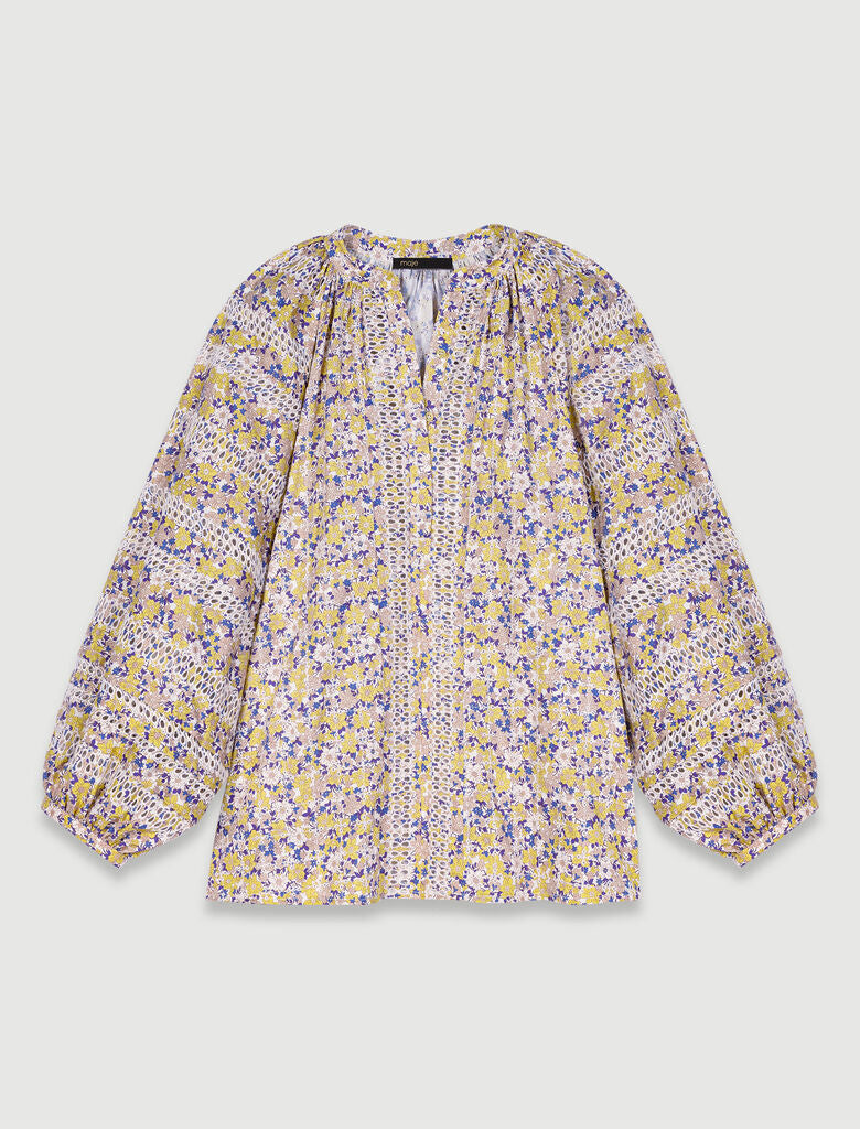 Print Embroided Flowers Beige-Patterned embroidered blouse